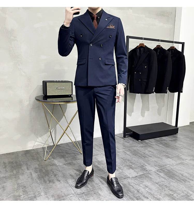 Jackets + Pants / Groom's Wedding Dress Best Fashion Mans Double -breasted Suit Blazer Trousers Male Formal Business Office Suit - AIAZ