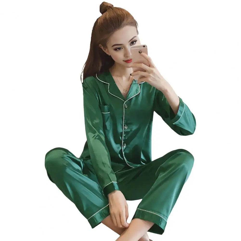 Women Two-piece Pajama Set Classic Design Sleepwear Elegant Women's Silk Pyjama Set with Long Sleeve Button Top Elastic for Home - AIAZ