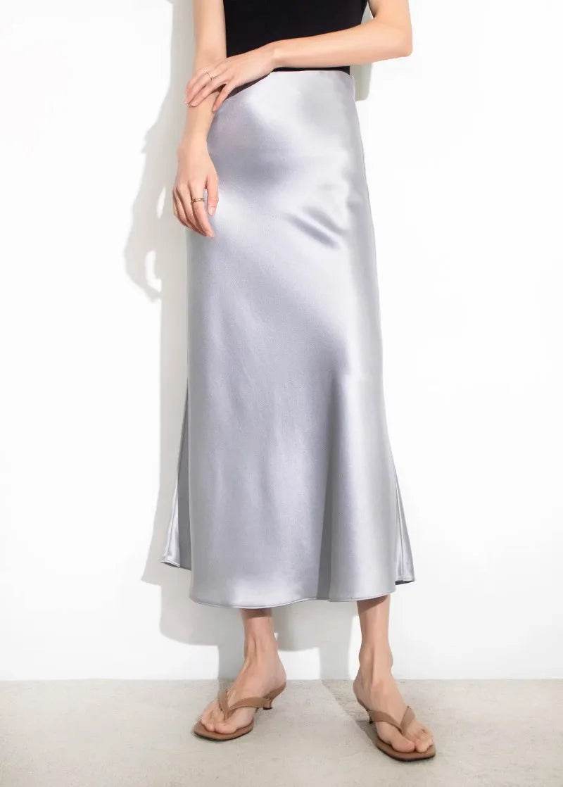 High Waisted Satin Long Skirts for Women Spring/Summer New 2025 Women's Skirt A-line Fashion Elegant Slim Fit Grey Black Skirt - AIAZ