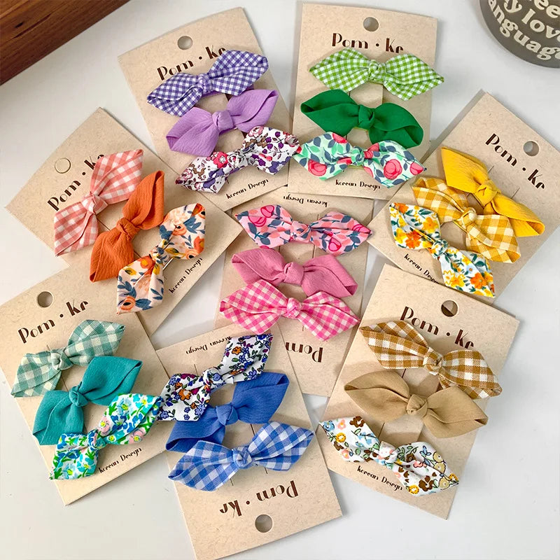 3 Pcs/lot Bows Hairpin Set for Baby Girls Cute Floral Hair Clips Plaid Bangs Clip Korean Hair Accessories Sweet Kids Headdress