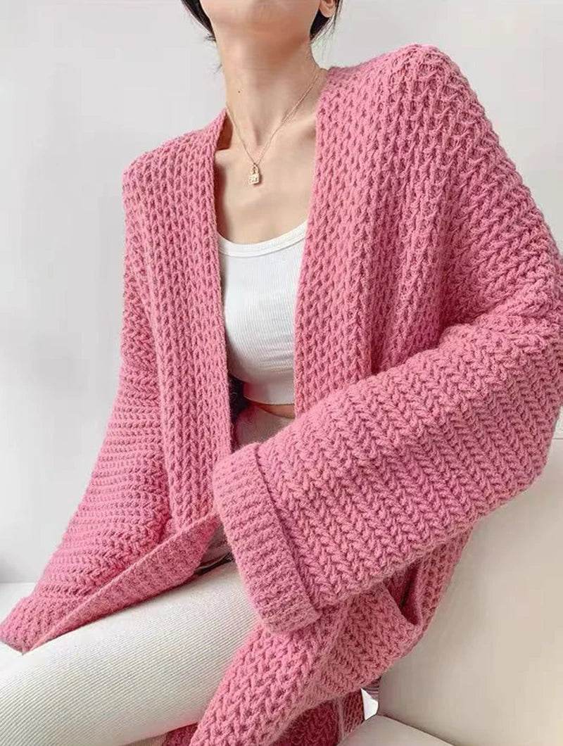 Korean Cardigan Sweater for Women Autumn Winter Loose Lazy Style Female Midi Knit Coats Fashion V Neck Casual Big Pocket Jumpers - AIAZ
