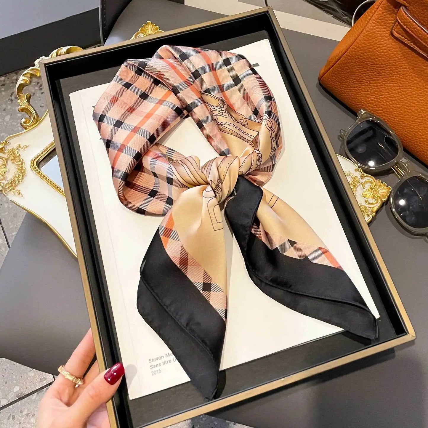2025 NEW Hijab Head Girl Luxury Silk Square Plaid Scarf Women Satin Neck Hair Tie Band Soft Work Neckerchife Organza Scarf - AIAZ