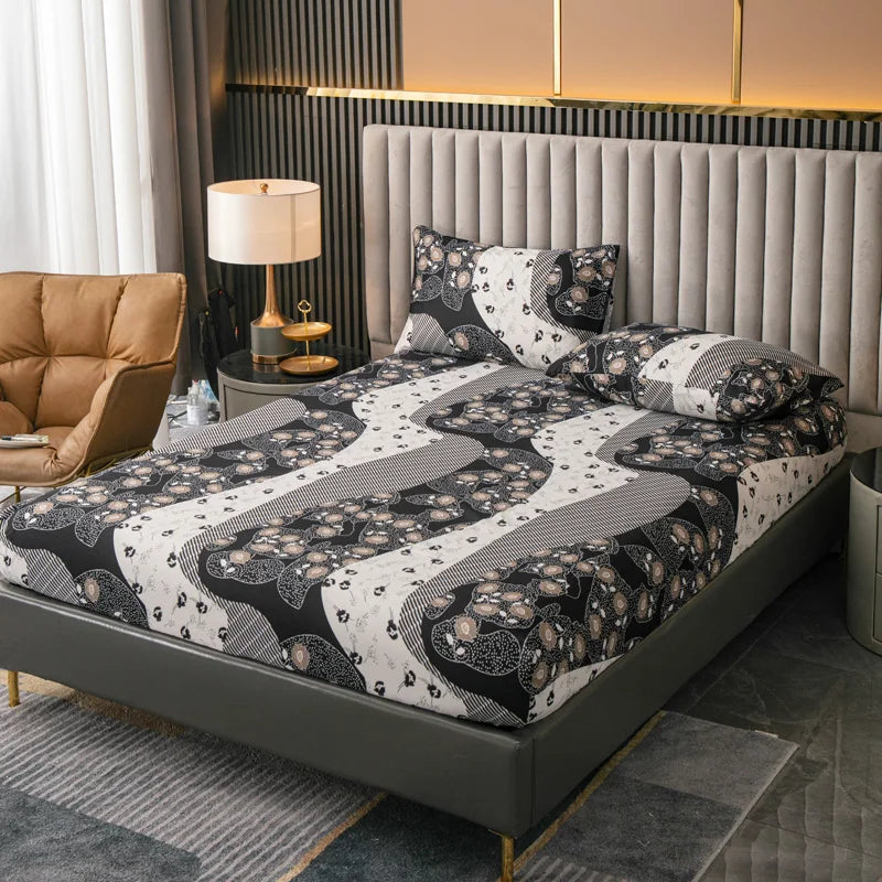 100% Polyester 3pcs Printed Sanding Fitted Sheet and pillowcases Set Elastic Band Around Mattress Cover King Size Bed Cover