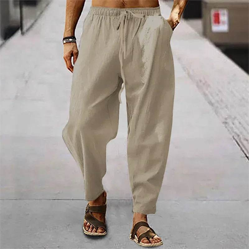 2025 Men Cotton Linen Pants Summer and Autumn Solid High Waist Wide-Leg Trousers Male Loose Hemp Casual Breathable Sports Pants - AIAZ