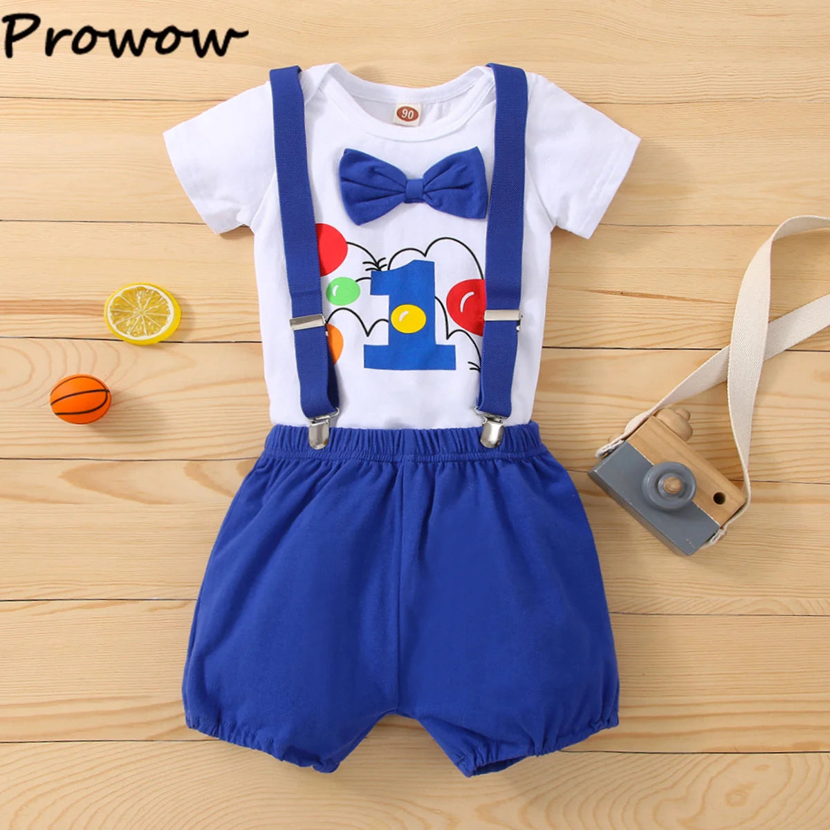 Baby Boys Birthday Outfits Sets Balloon Letter"1" Bodysuit and Y-back Suspender Shorts 1 Year Birthday Baby Cake Smash Clothes