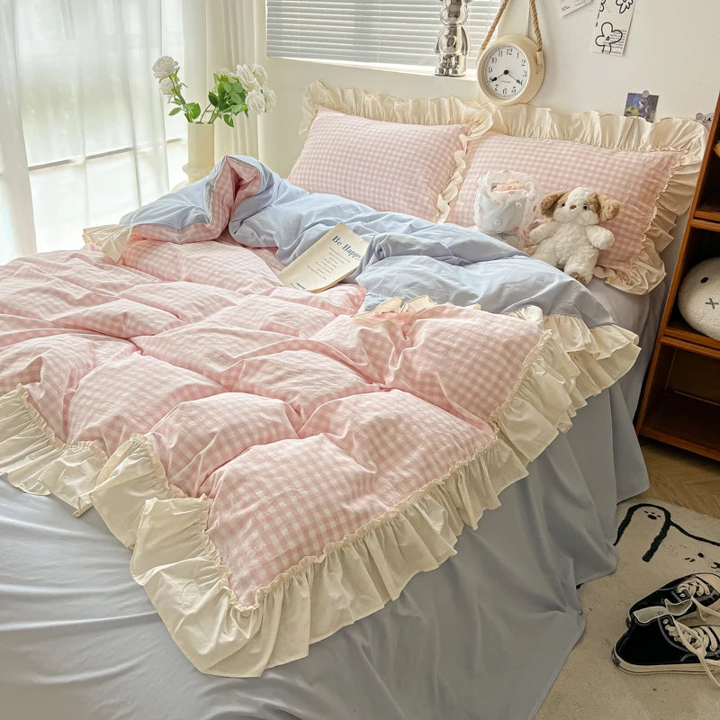 Korean Princess Style Bedding Set Soft Skin-friendly Lattice Lace Ruffles Quilt Cover Plaid Style Duvet Covers Set Pillowcases