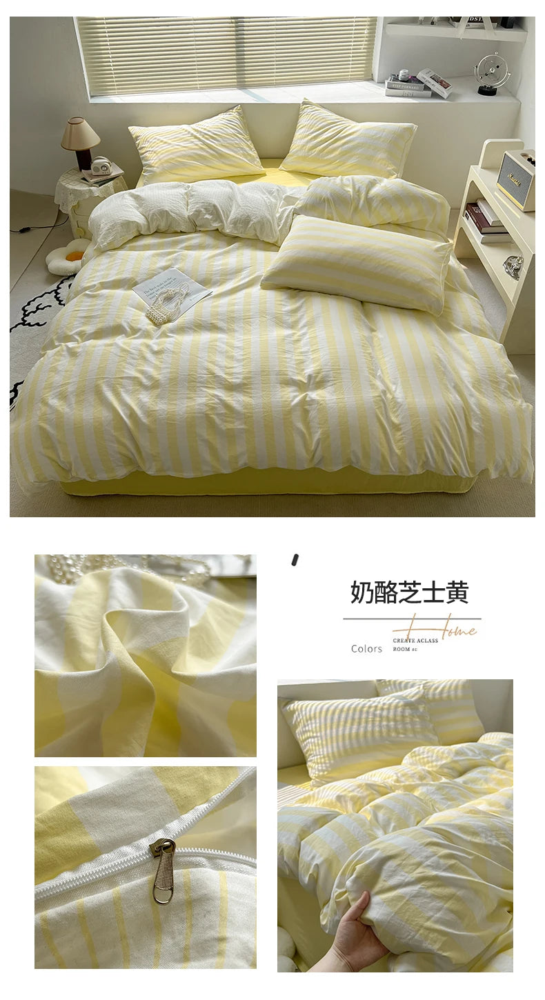 Washed Cotton Double Yarn Crepe Striped Quilt Set 3-4 Pillowcase with Sheet Bedding Cover Supplies 200x230 220x240 Skin Friendly