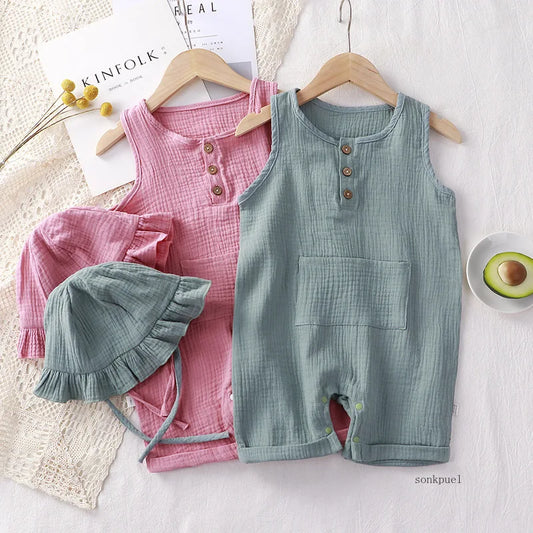 2Pcs/Set Baby Summer Clothing Solid Newborn Infant Romper With Hat Muslin Cotton Sleeveless Baby Boys Girls Jumpsuit Outfits