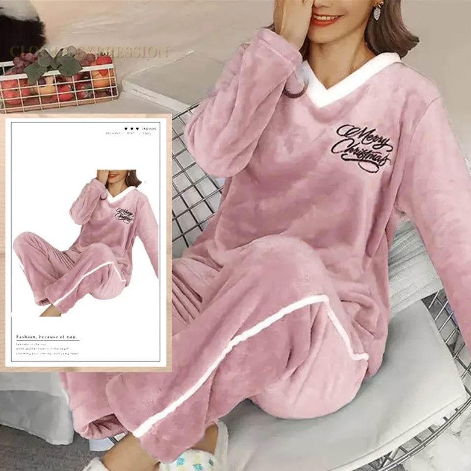 Autumn Winter Flannel Women's Pajamas Sets Polka Dots Printed Teddy Sleepwear Velvet Homewear Kawaii Girsl Pijamas Mujer Pyjama - AIAZ