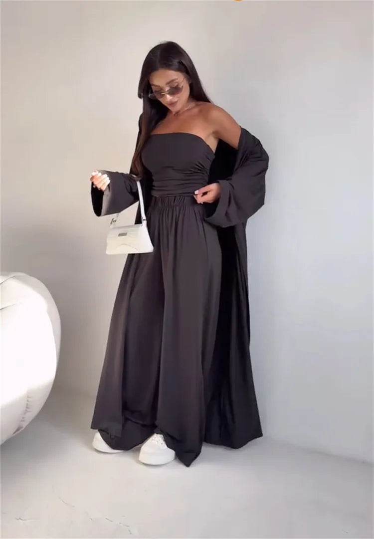 Pants Sets Women Solid Color Loose Long Cardigan Coat Tube Top High Waist Wide Leg Trousers Three Piece Set Casual Lady Suits - AIAZ