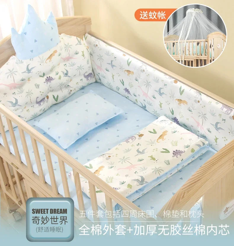 Baby Crib Multifunctional BB Baby Crib Solid Wood Unpainted Cradle Bed Movable Newborn Children Splicing Large Bed