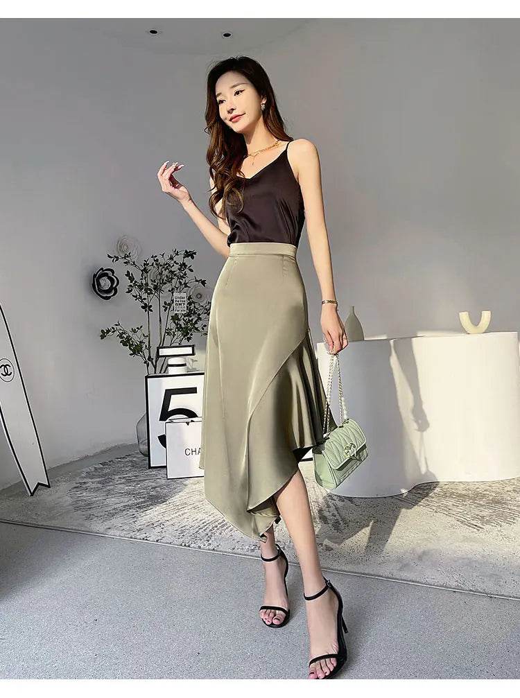 Elegant High Waist Satin Skirts Women Irregular Mermaid Skirt Fashion Streetwear Casual A-Line Skirts Office Lady Long Skirts - AIAZ