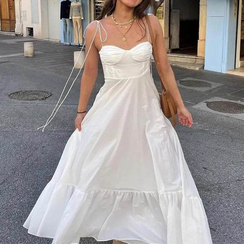 White Long Dresses For Women Ruffle Slip Corset Dress Woman Fashion Sleeveless Backless Summer Sexy Holiday Party Dresses - AIAZ