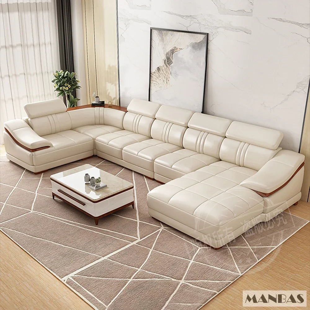 Elegant Leather Sectional Sofas Sets with Cup Holder, Adjustable Headrests & Bluetooth Speaker - MINGDIBAO Living Room Couches
