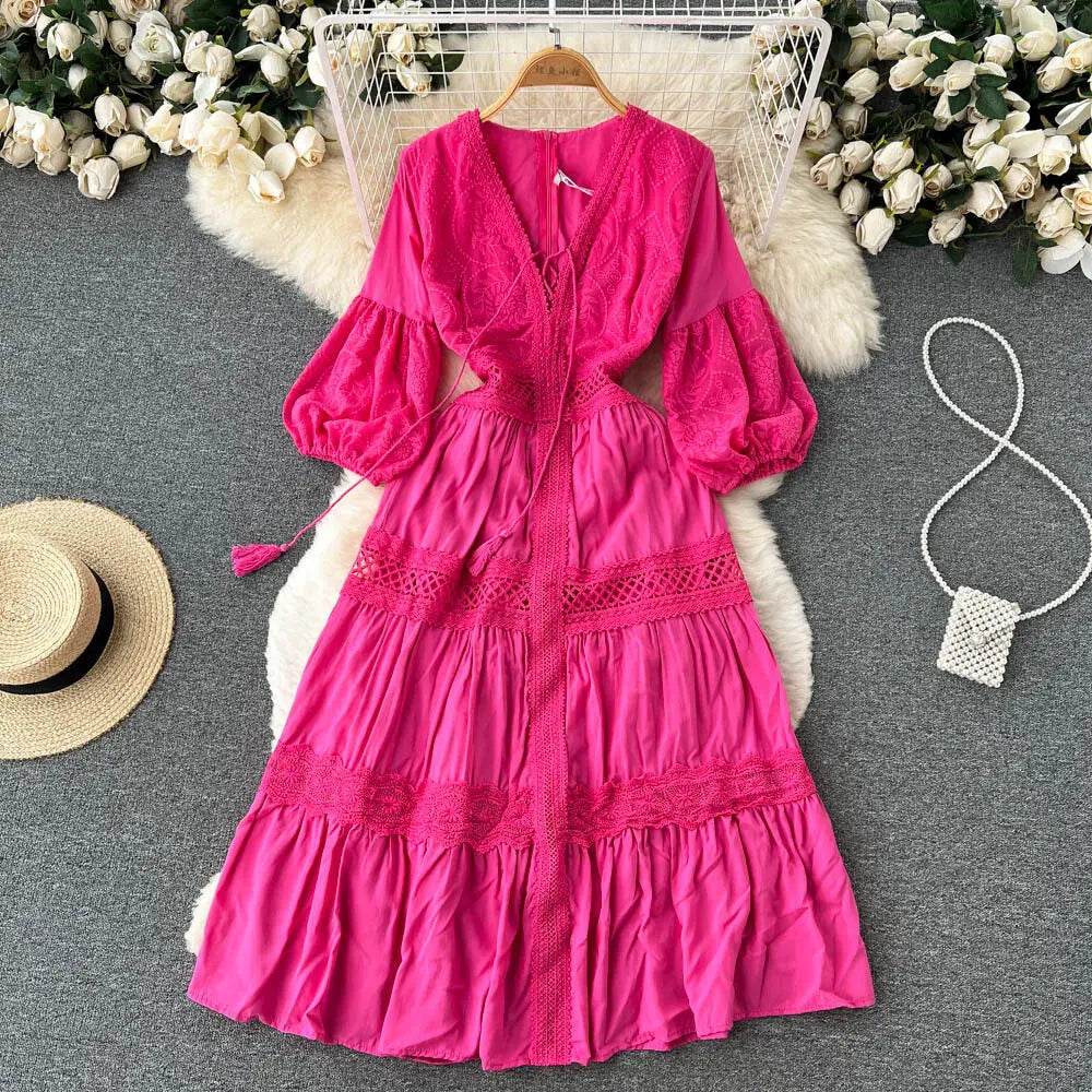 New Women Lantern Sleeved Elegant Dress Summer French Hollowed Out Mid Length Dresses Korean Style Vintage Long Dress - AIAZ