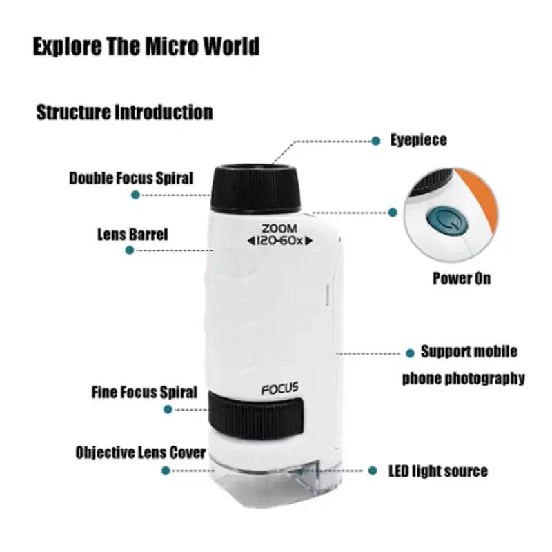 Pocket Microscope Kids Science Toy Kit 60-120x Educational Mini Handheld Microscope with LED Light Outdoor Children Stem Toy - AIAZ