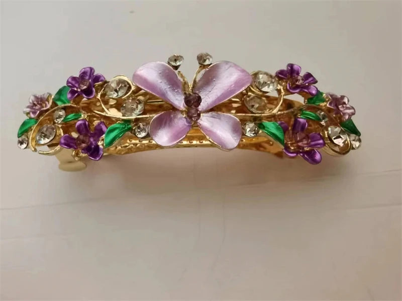 Red Crystal Flower Bow Spring Hairpin Vintage Ink Blue Rhinestone Horizontal Clip Top Clip Elegant Mom Fashion Hairpin Korean