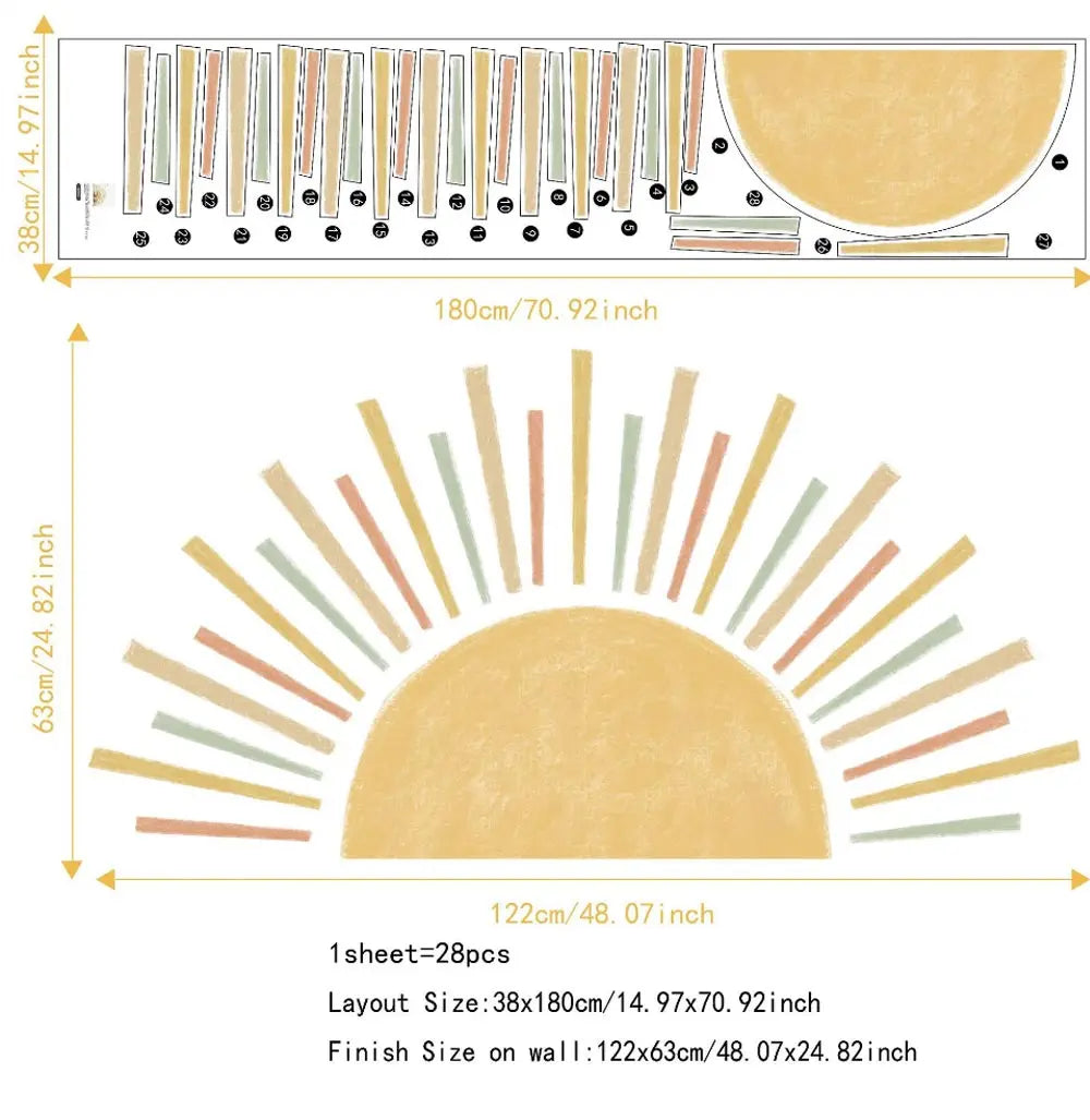 Half Sun Wallpaper Decal Sunshine Vinyl Wall Stickers Boho Nursery Baby Room Wall Stickers Self-Adhesive Bedroom Home Decor