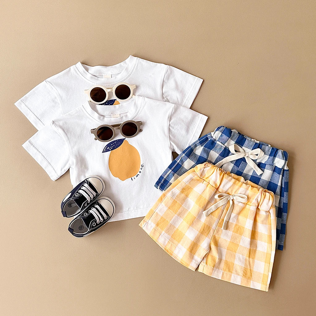 2PCS Summer Baby Boys Girls Clothes Set Lemon Print T-shirt+Checkered Shorts Beach Infant Toddler Outfit Suit 0-3Y