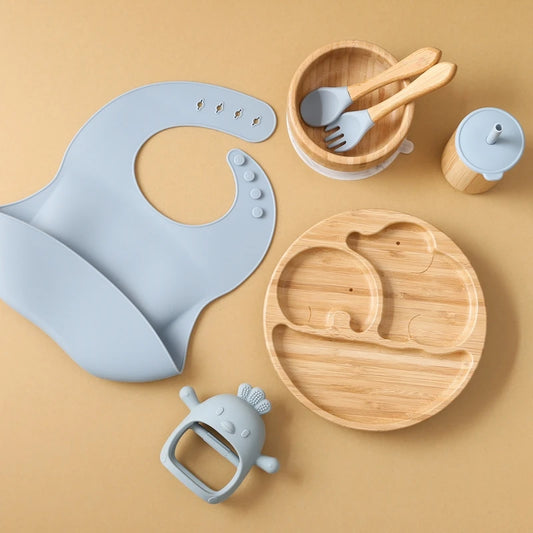 Wooden Dinner Plate Feeding Supplies Bamboo Baby Tableware Silicone Suction Plate Bowl BPA Free Baby Stuff Newborn Accessories