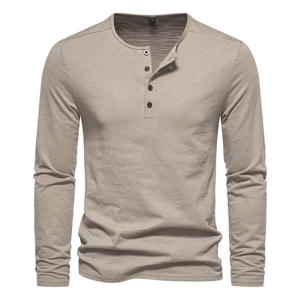 Men Long Sleeved T-shirt Cotton Slim Fit Bottoming Shirt Fitness Tops Tees Button Neck Casual Cozy Tshirt - AIAZ