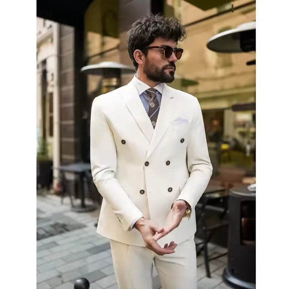 Men's formal suit, double breasted formal two-piece jacket, long pants, groom's formal dress, hat brim, lapel, custom clothing - AIAZ