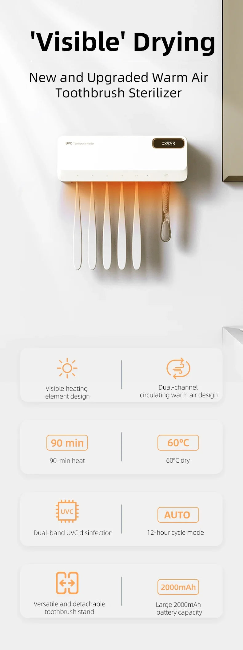 Xiaomi UV Toothbrush Sterilizer Razor Storage Rechargeable Rapid Warm Air Drying Wall-mounted Toothbrush Sterilizer Holder New