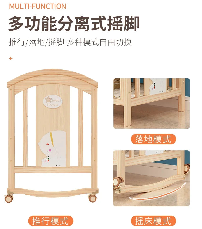 Baby Crib Multifunctional BB Baby Crib Solid Wood Unpainted Cradle Bed Movable Newborn Children Splicing Large Bed