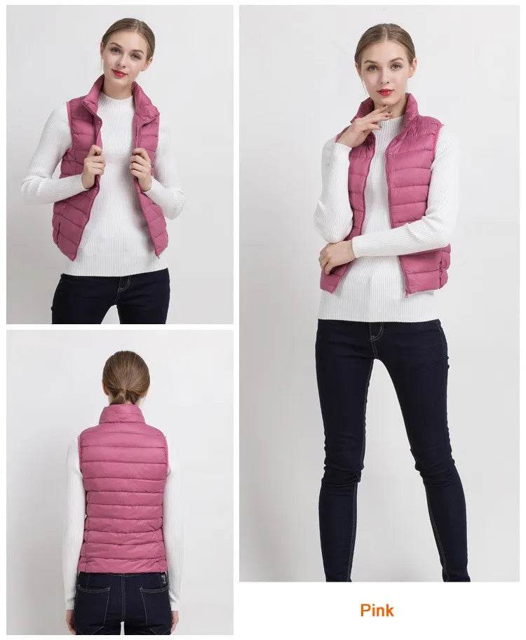 0-10℃ Women Vests Autumn Winter Ultra Light Duck Down Vest Female Slim Sleeveless Jacket Windproof Warm Puffer Waistcoat 4XL - AIAZ