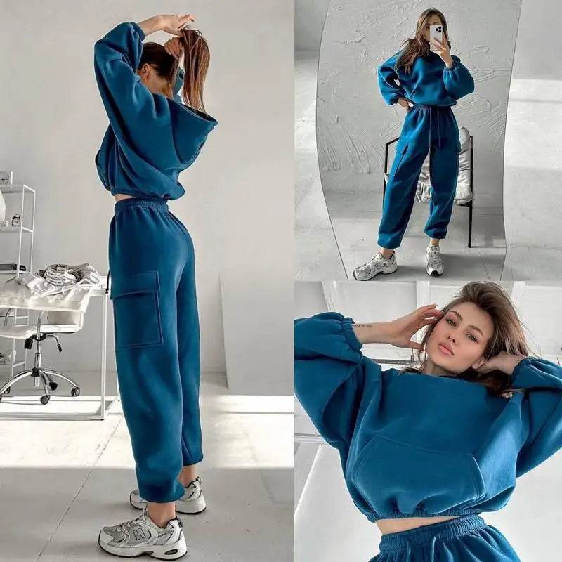 Hoodies Suit Winter Autumn Solid Casual Tracksuit Women Fleece 2 Pieces Set Sports Sweatshirts Pullover Jogger Sweatpants Outfit - AIAZ