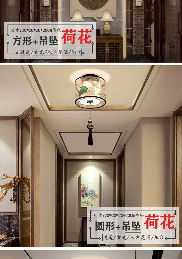 New Chinese Chandelier Lustre Ceiling Lamp Simple Corridor Chinese Painting Ceiling Lights Creative Suspendu Lotus Led Lighting