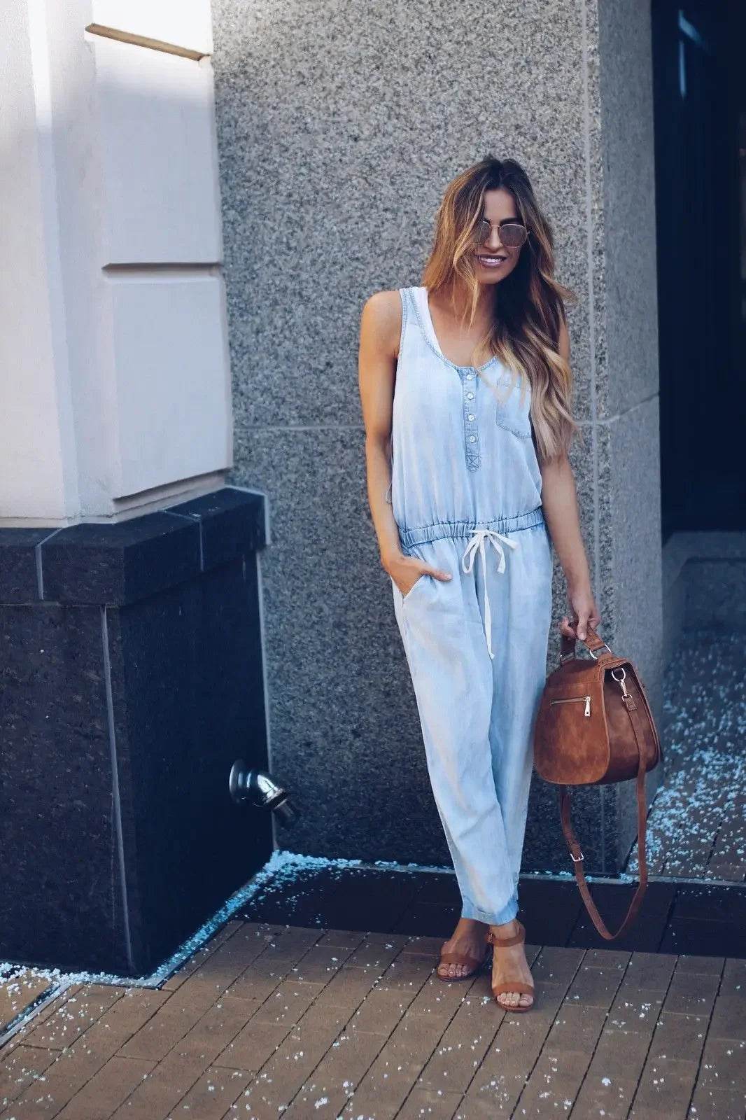 Summer Fashion Jumpsuit for Women Romper Overalls Single-breasted Casual Denim Trousers Sleeveless Ankle Pants Loose Jumpsuits - AIAZ