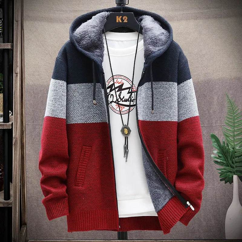 Autumn Winter Cardigan Sweater Men Fleece Zipper Sweaters Velvet Contrast Striped Sweater Coats Casual Jackets - AIAZ