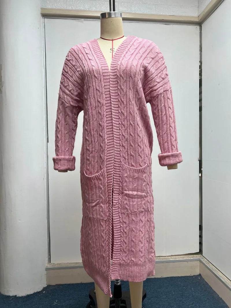Women Knitted Cardigan Sweater Top Autumn Winter Vintage Fashion Loose Warm Long Sleeve Pocket Twisted Long Knitwear Outwear - AIAZ