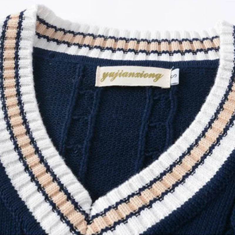 Sweater Vest Men Thicken V-neck Sleeveless Knitted Sweaters Vests Striped Retro Preppy-style Simple Chic Loose Casual All-match - AIAZ