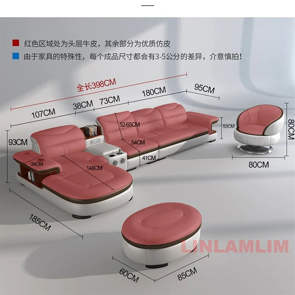 Modern L-Shaped Sectional Sofa with Chaise, Luxury Italian Genuine Leather Couch with adjustable headrest, Storage, USB, Console