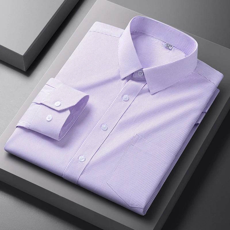 Men Formal Shirt Long Sleeve Office Solid Color Striped Anti-Wrinkle Fashion Business Pocket White Social Pocket Shirt S-4XL - AIAZ