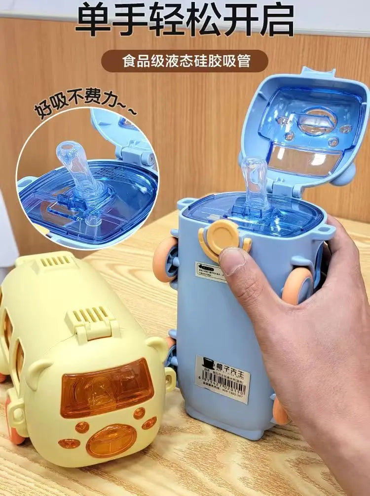 Baby Cute Panda Bus Portable Water Bottle with Shoulder Strap Kid Car Straw Water Cup Children's Water Bottle Drinking Cup