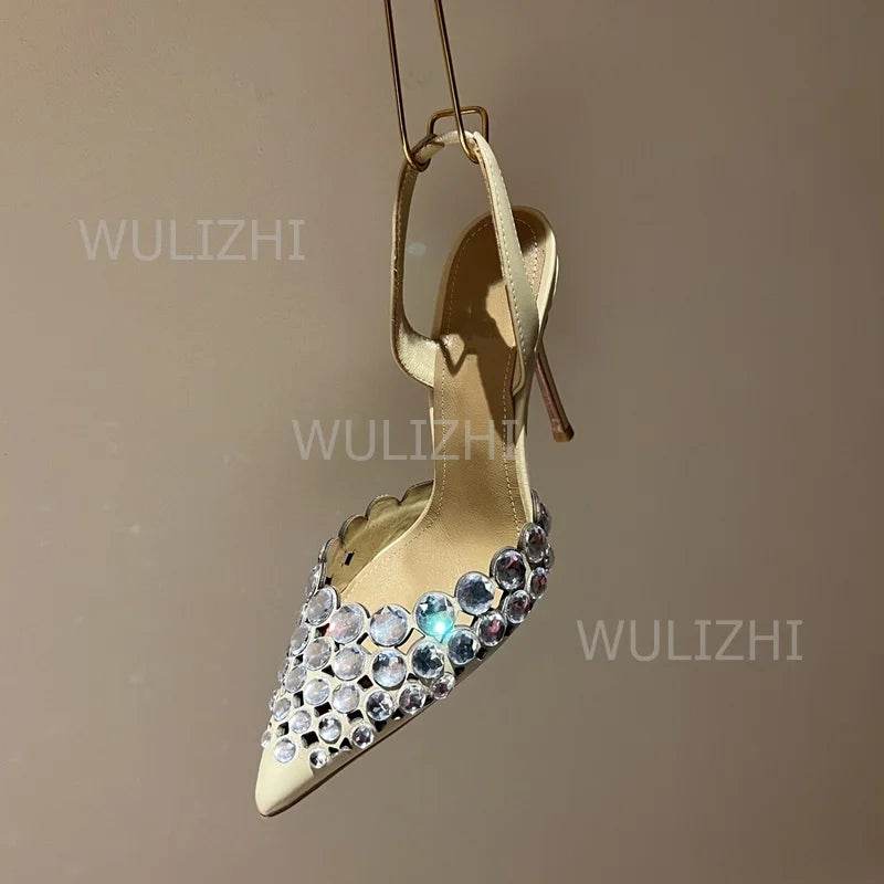 Silver Large Crystal Diamond Heels Sandals Shiny Women Red Leather Gold Slingback Pointed Toe Stiletto Black Bling Shoes Slip On - AIAZ