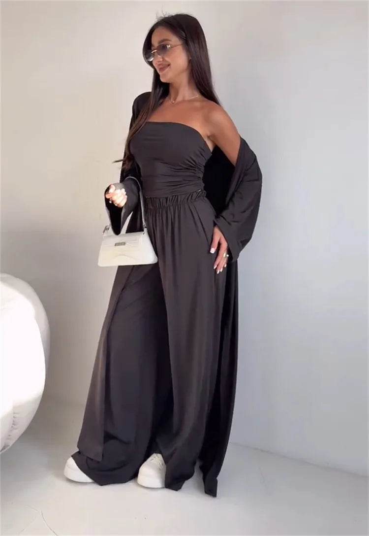 Pants Sets Women Solid Color Loose Long Cardigan Coat Tube Top High Waist Wide Leg Trousers Three Piece Set Casual Lady Suits - AIAZ