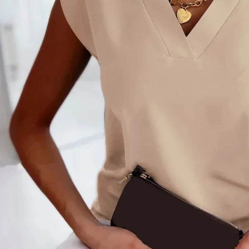 2025 Fashion Summer Casual Shirts Office Lady Tops Mujer Elegant Simple Blouse Women Short Sleeve V-Neck Woman Clothes 25684 - AIAZ