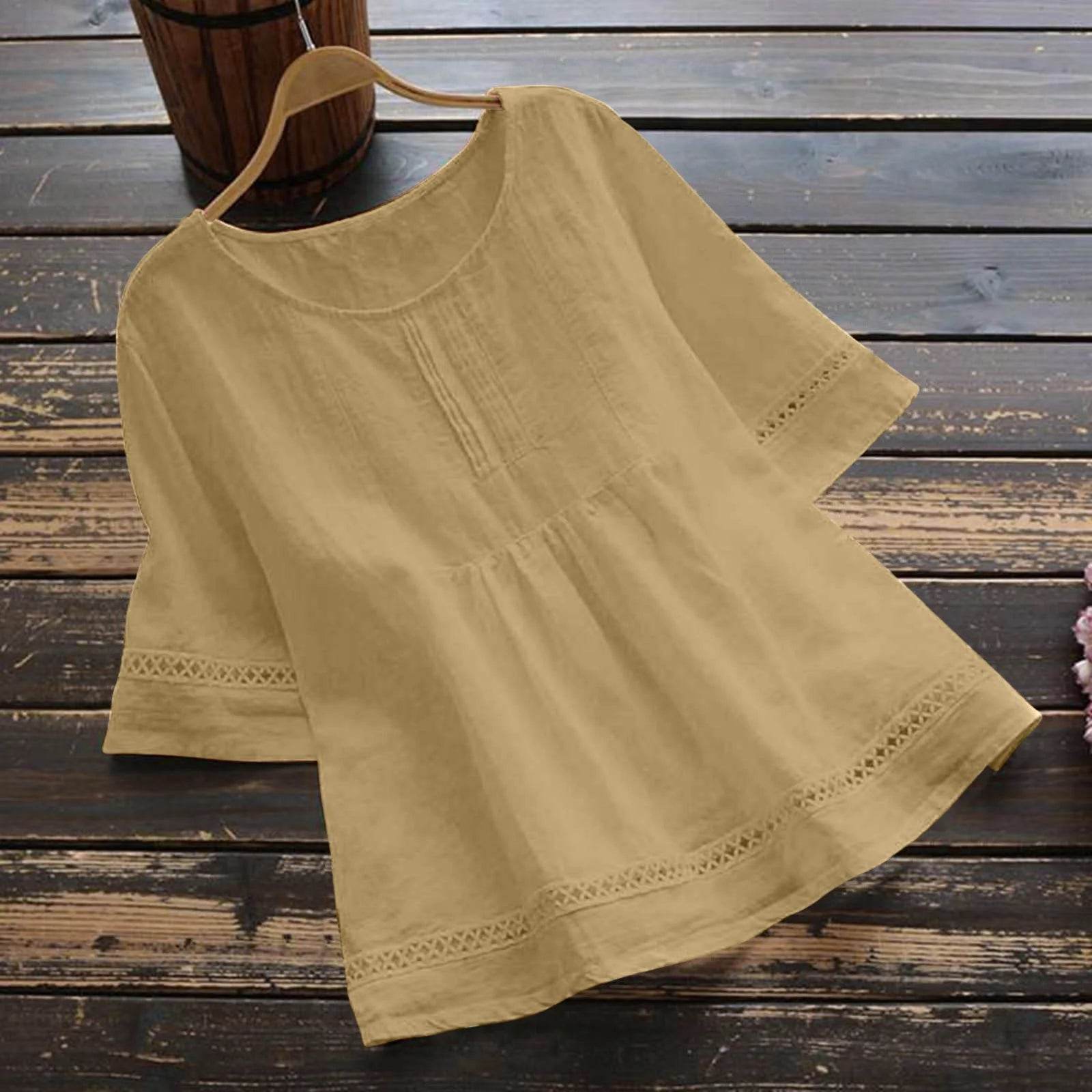 Fashion O-neck Short Sleeve White Lace Tops And Blouses Women 2024 Summer Loose Casual Cotton Linen Top Femme Blouse Shirt Woman - AIAZ