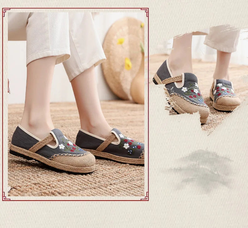 Canvas Shoes Women Linen Retro Bohemian Slip-On Flat Comfortable Loafers Ladies Casual Embroidered Hemp Sole Sneakers
