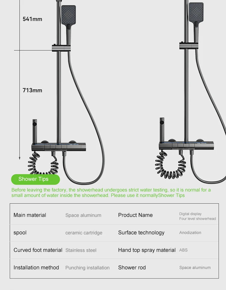 Bathroom Shower Full Set Gray Digital Display Shower System Set  Piano Button With Ambient Light Faucets Shower Head