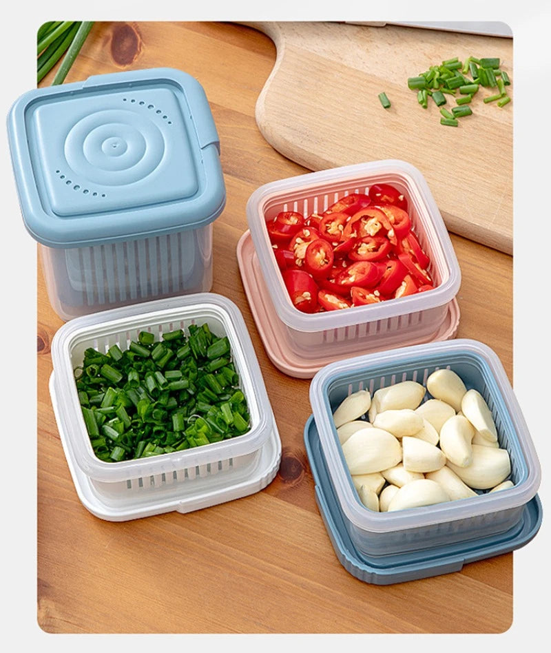Double-layer Refrigerator Storage Box Ginger Scallion Onion Containers Sealed Fruits Vegetables Drain Crisper Kitchen Supplies