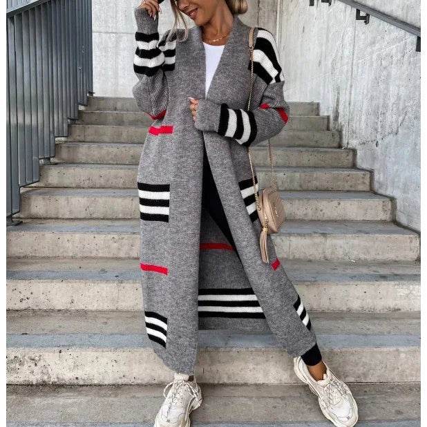 Women Sweater Spring Autumn Cardigan Coats Casual Stripes Knitted Cardigan Clothes Women Oversized Cardigan Long Sweater Coat - AIAZ