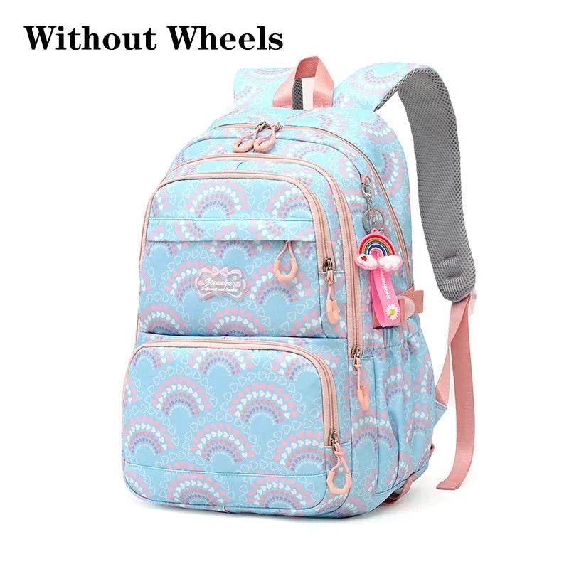 Rolling School Bags for Girls Backpack Children Waterproof School Backpacks with Wheels Middle School Trolley Luggage Back Pack - AIAZ