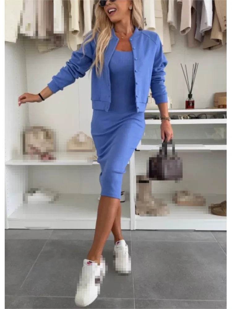 Women Fashion Solid Dress Set Spring Autumn With Cover-Up Slim 2-Piece Suit Split Hem High Waist Cardigan Ladies Set Outfit - AIAZ