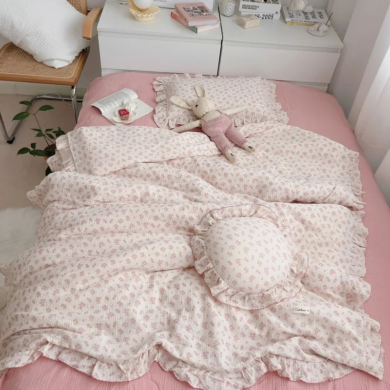 Korean Vintage Floral Printed Ruffled Cotton Baby Duvet Cover Kids Children Infant Cot Crib Duvet Covers Quilt Cover Bedding