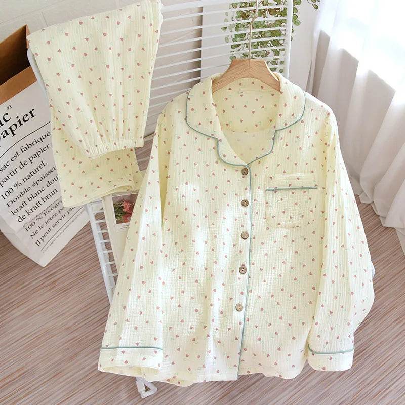 Solid Breathable Lovers 100% Cotton Crepe Pajamas Sets Women Men Autumn Long Sleeve Fresh Soft Pijama Mujer Casual Pyjamas - AIAZ